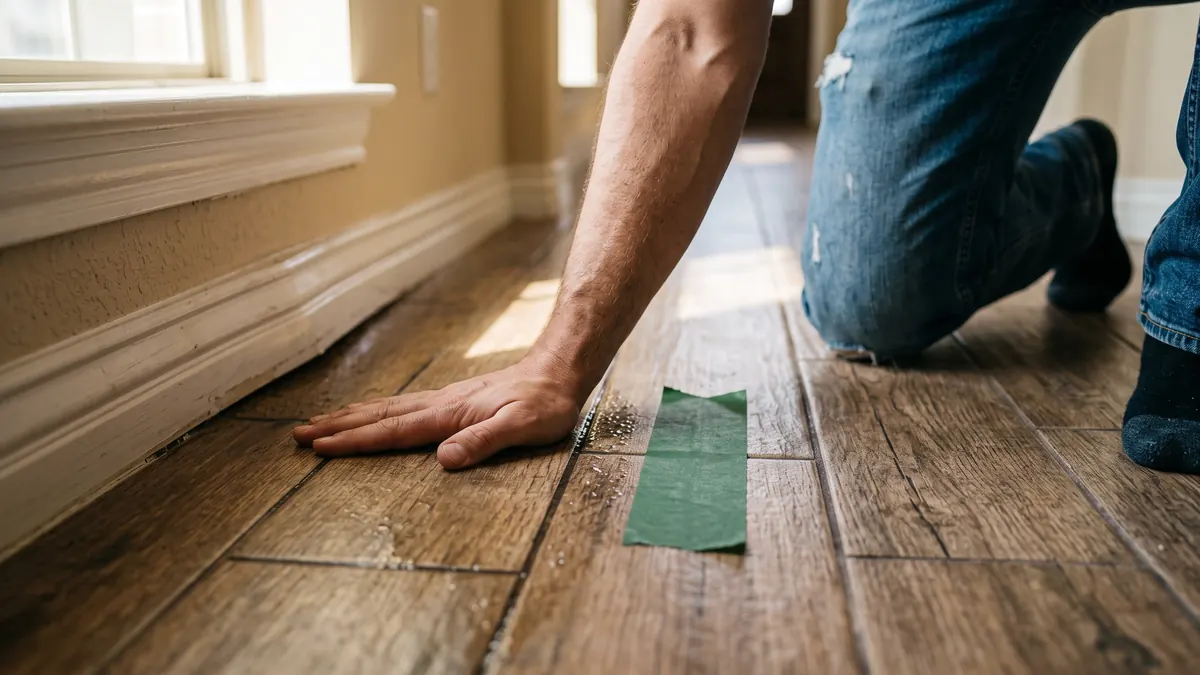 Hand checking a warm spot on tile flooring beside a taped-off damp area