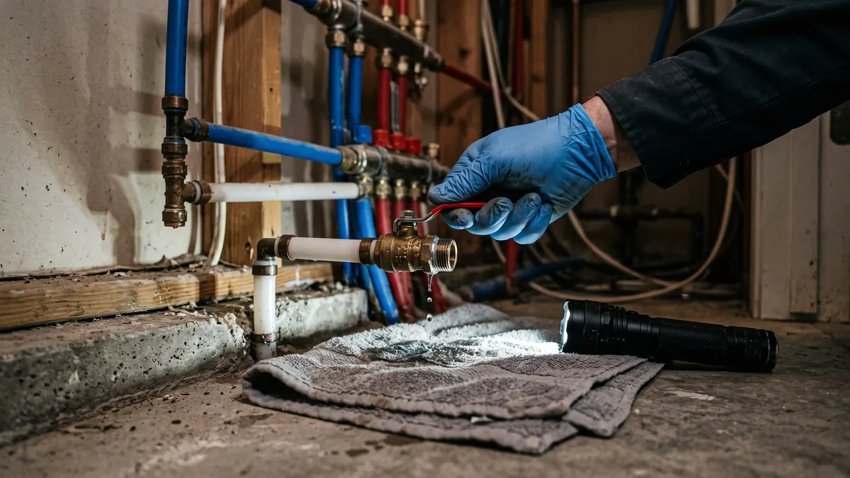 Gloved hand closing a quarter-turn water valve at a supply line